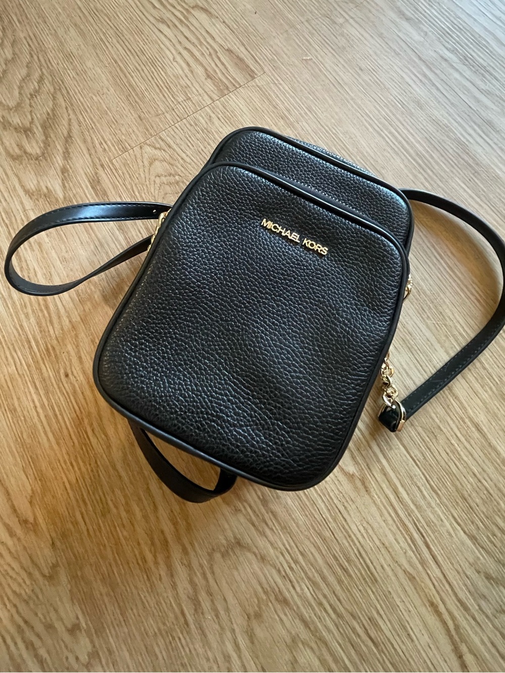 Michael Kors Black Pebbled Leather Messenger Crossbody Bag with Gold Logo